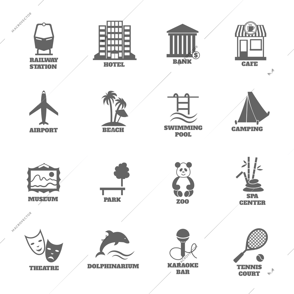 Building tourism icons set of railway station hotel bank cafe isolated vector illustration
