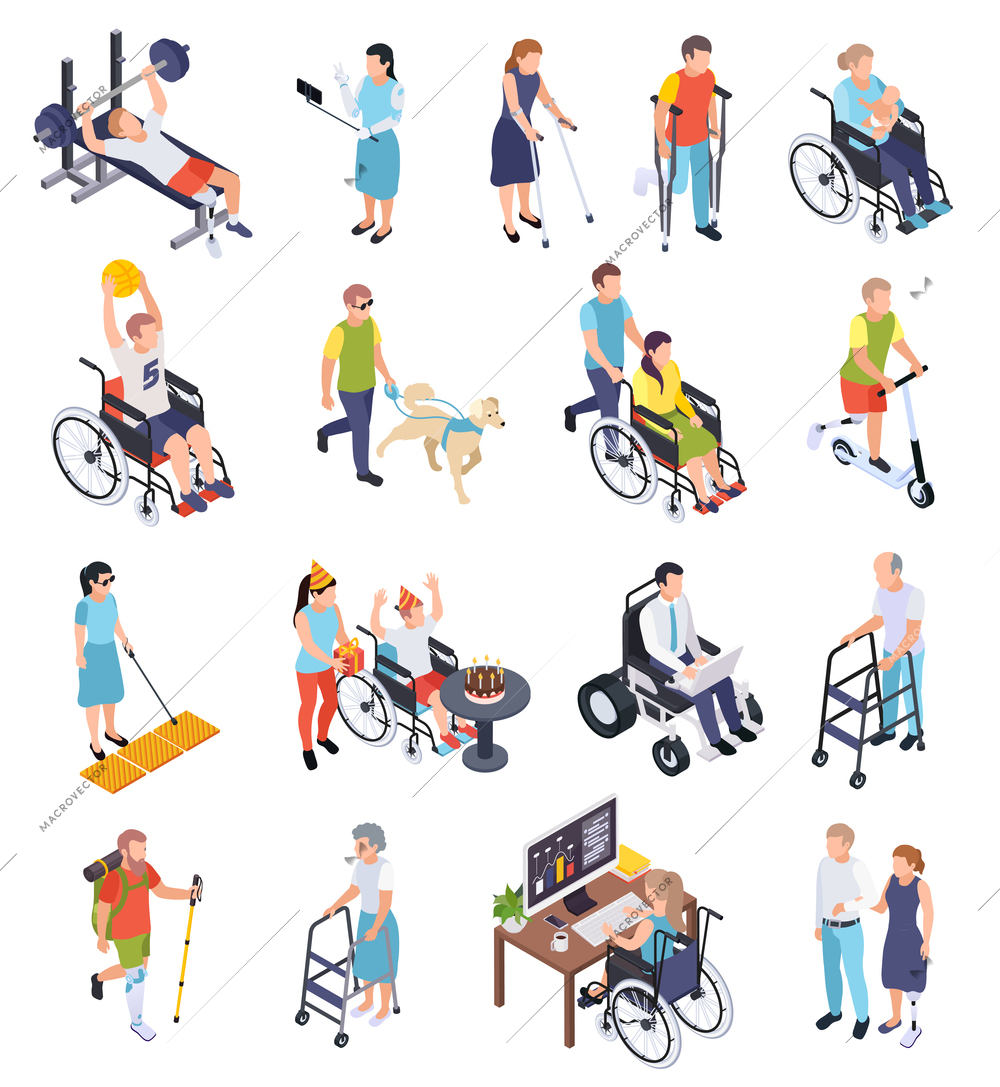 Male and female disabled people working walking doing sports isometric icons set isolated on white background 3d vector illustration