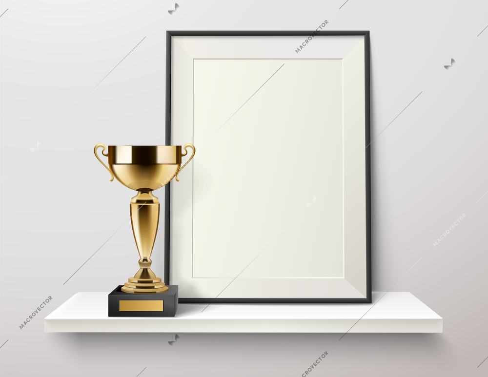Trophy and frame realistic composition with golden cup and photo frame standing on white wall shelf vector illustration
