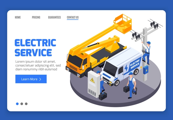 Electricity banner with men from electric service fixing high voltage wires 3d isometric vector illustration