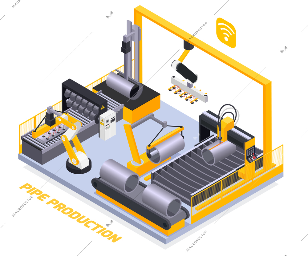 Metal industry isometric composition with equipment for pipe production 3d vector illustration