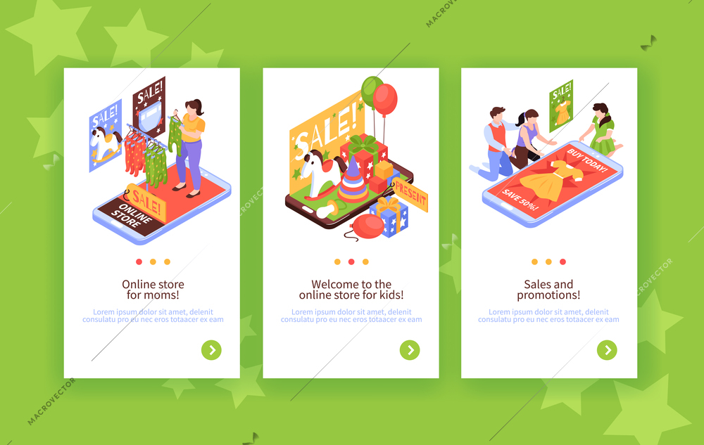 Isometric kids online shopping vertical banners with editable text page switch buttons and smartphones with toys vector illustration