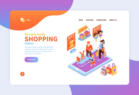 Isometric kids online shopping concept banner for web site landing page with clickable links and text vector illustration