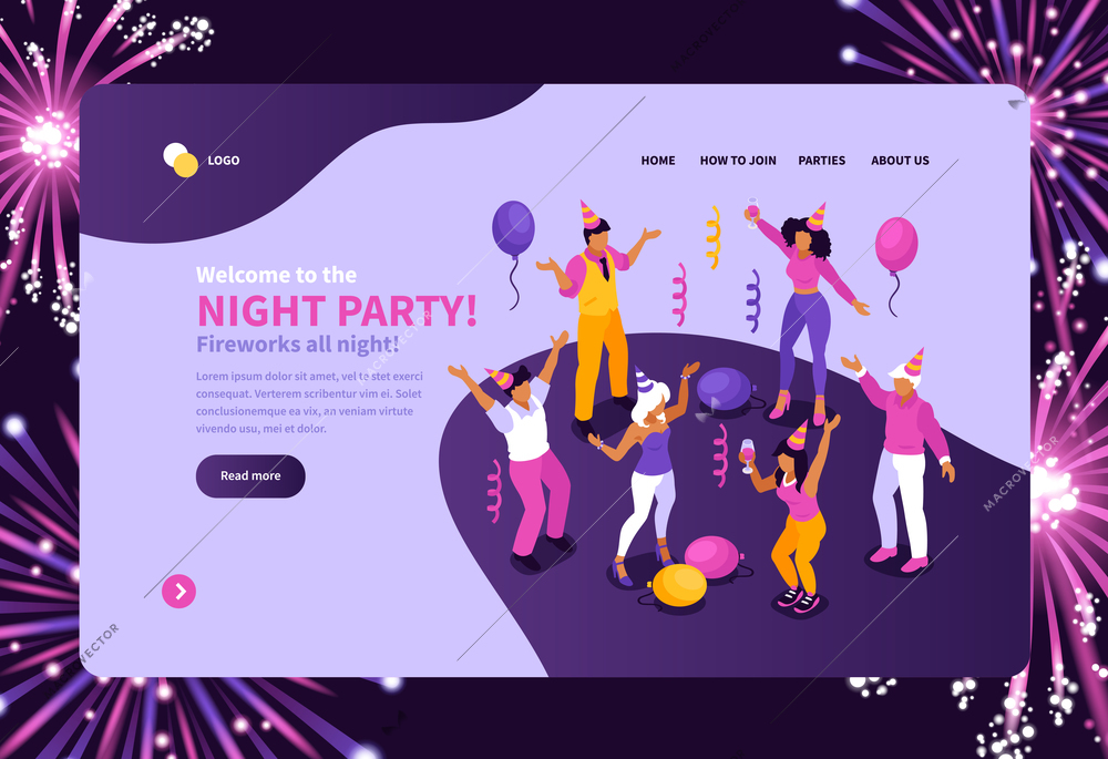 Isometric firework celebrating concept banner landing page with festive people and clickable links buttons with text vector illustration