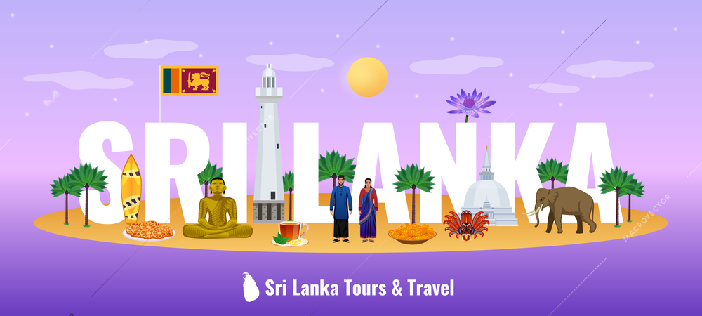 Sri lanka large letters title header horizontal gradient background banner  with tourists attractions national food vector illustration