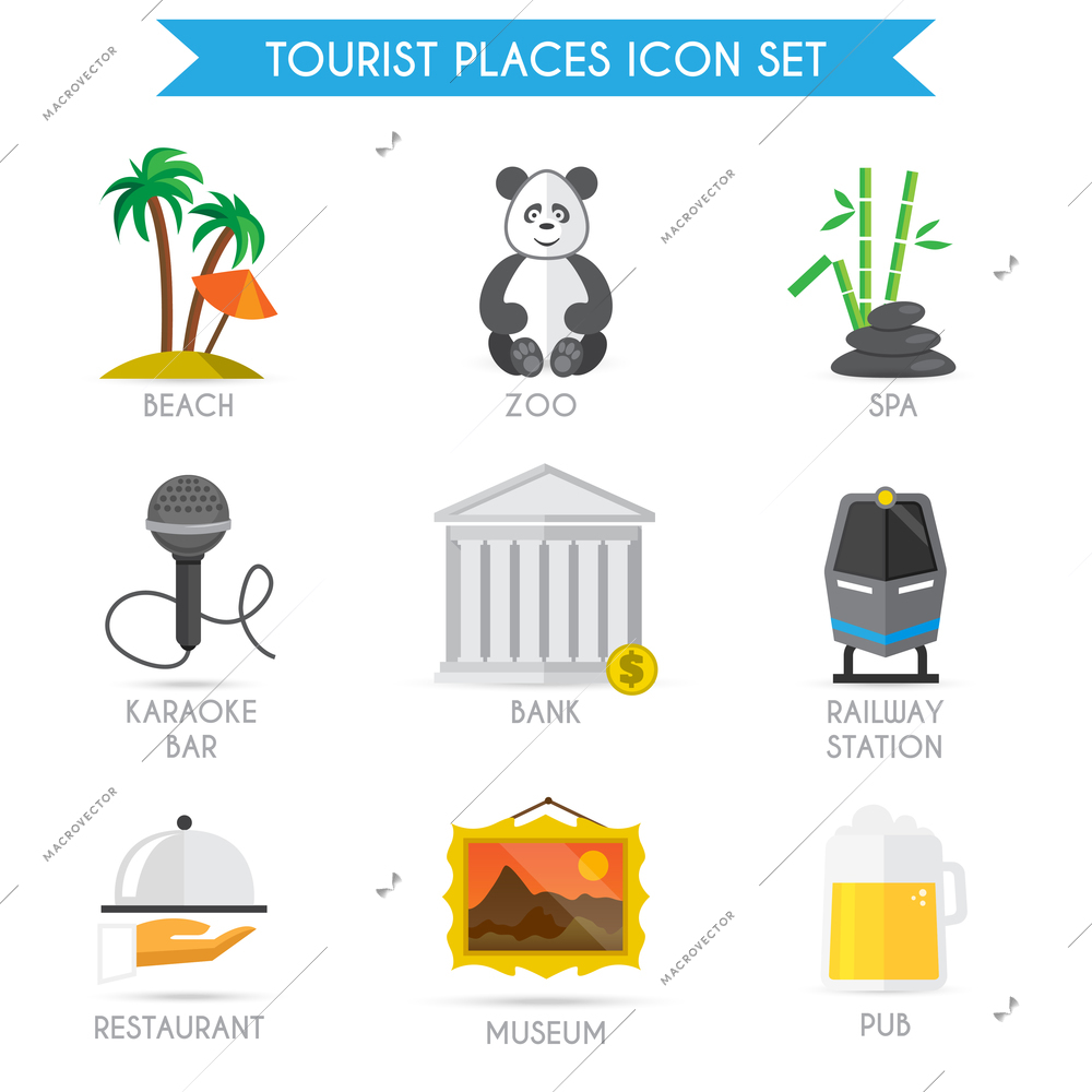 Building decorative tourist places icons set of beach zoo spa isolated vector illustration