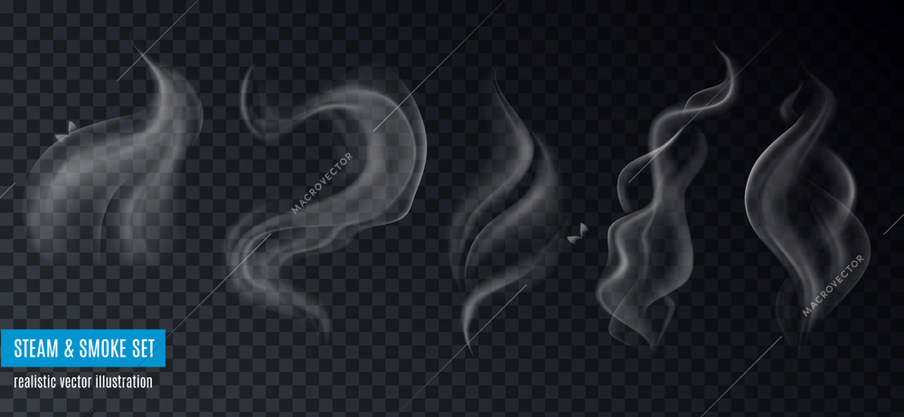 Steam and smoke collection of realistic images on transparent background with text and five different shapes vector illustration