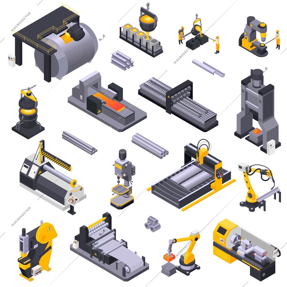 Metal industry isometric icons set with automated plant equipment and workers isolated on white background 3d vector illustration