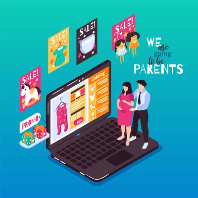 Isometric kids pregnant online shopping composition with laptop and sale promotions with future baby parents characters vector illustration