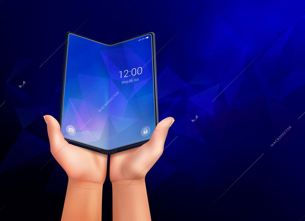 Foldable smartphone realistic composition with dark blue ambient background and open phone laying in human hands vector illustration