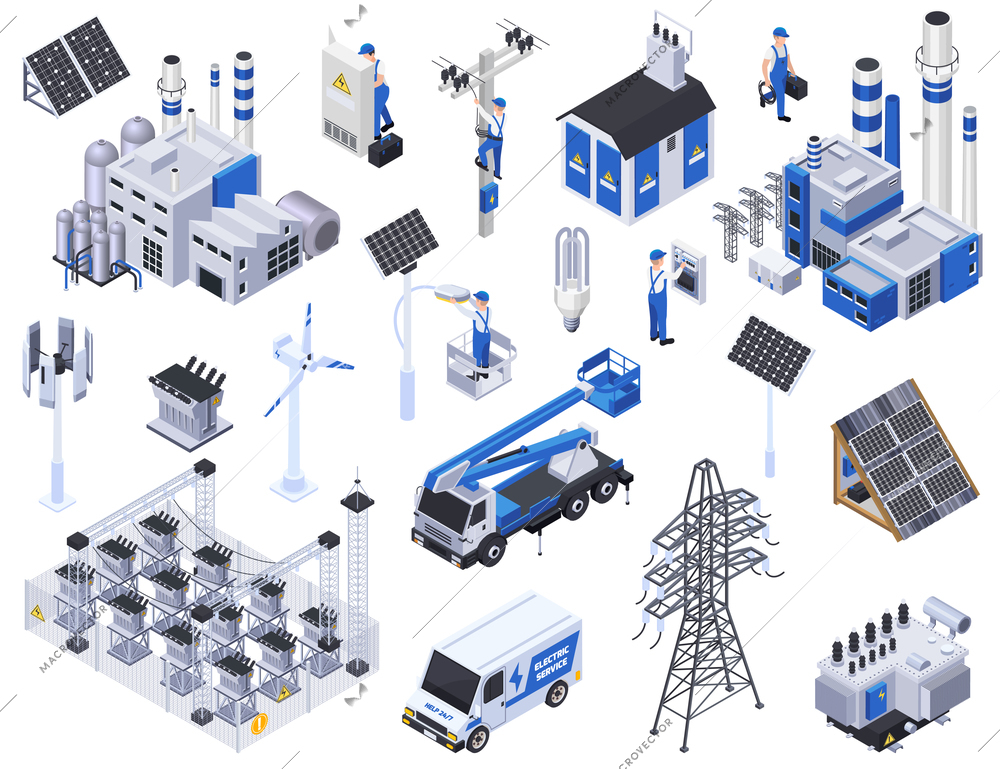 Electricity isometric icons set with solar panels power stations high voltage wires isolated on white background 3d vector illustration