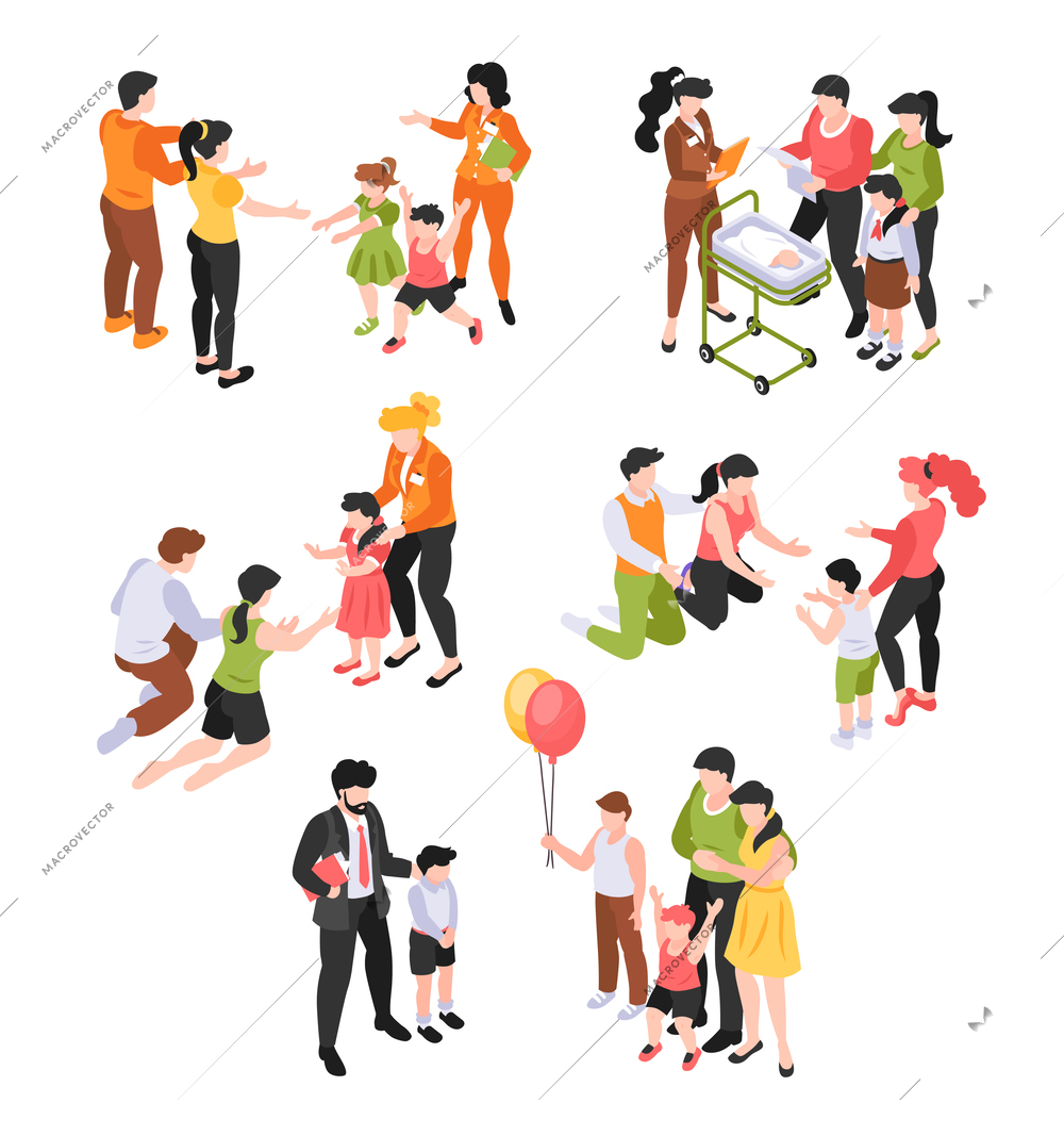 Isometric adoption custody parenthood set with isolated characters of happy parents with children on blank background vector illustration