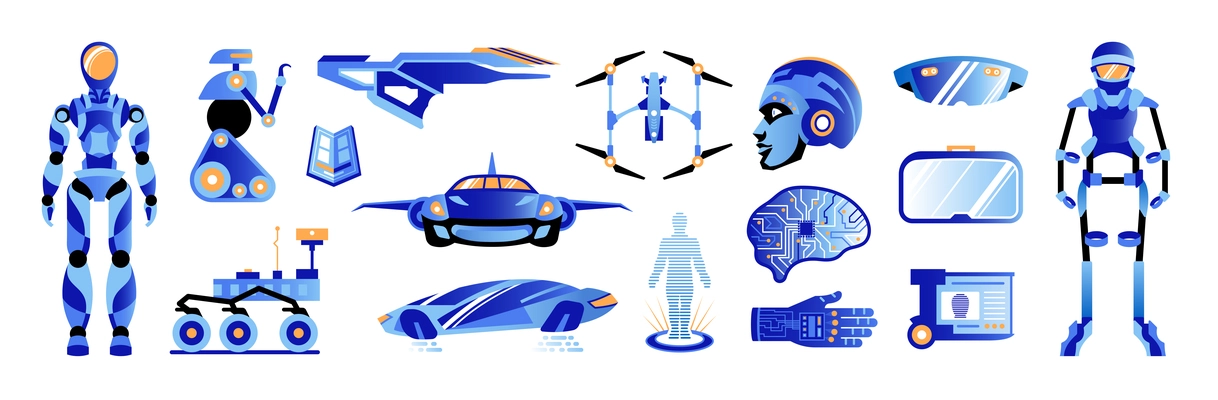 Future technologies color set of planet rover  holograms virtual reality gloves chip implants droids drones isolated icons vector illustration