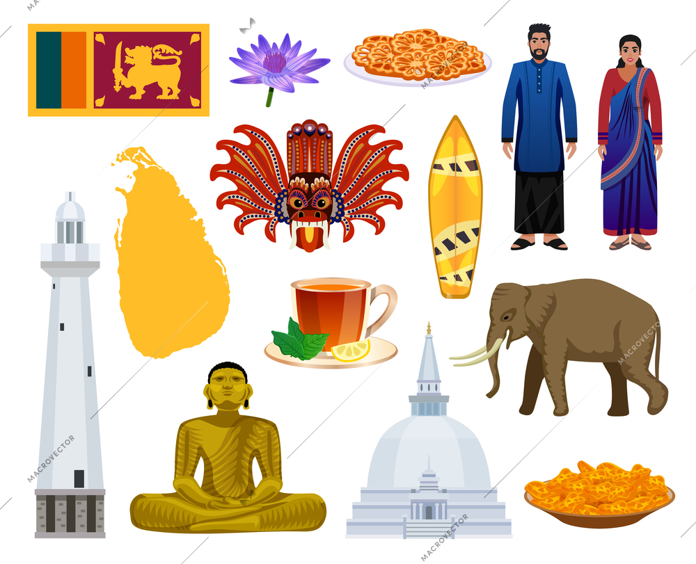 Sri lanka symbols tourist attractions  culture food landmarks clothing colorful set with elephant lighthouse flag vector illustration