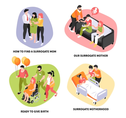 Set of four isolated isometric surrogacy compositions with editable text and human characters of adult people vector illustration
