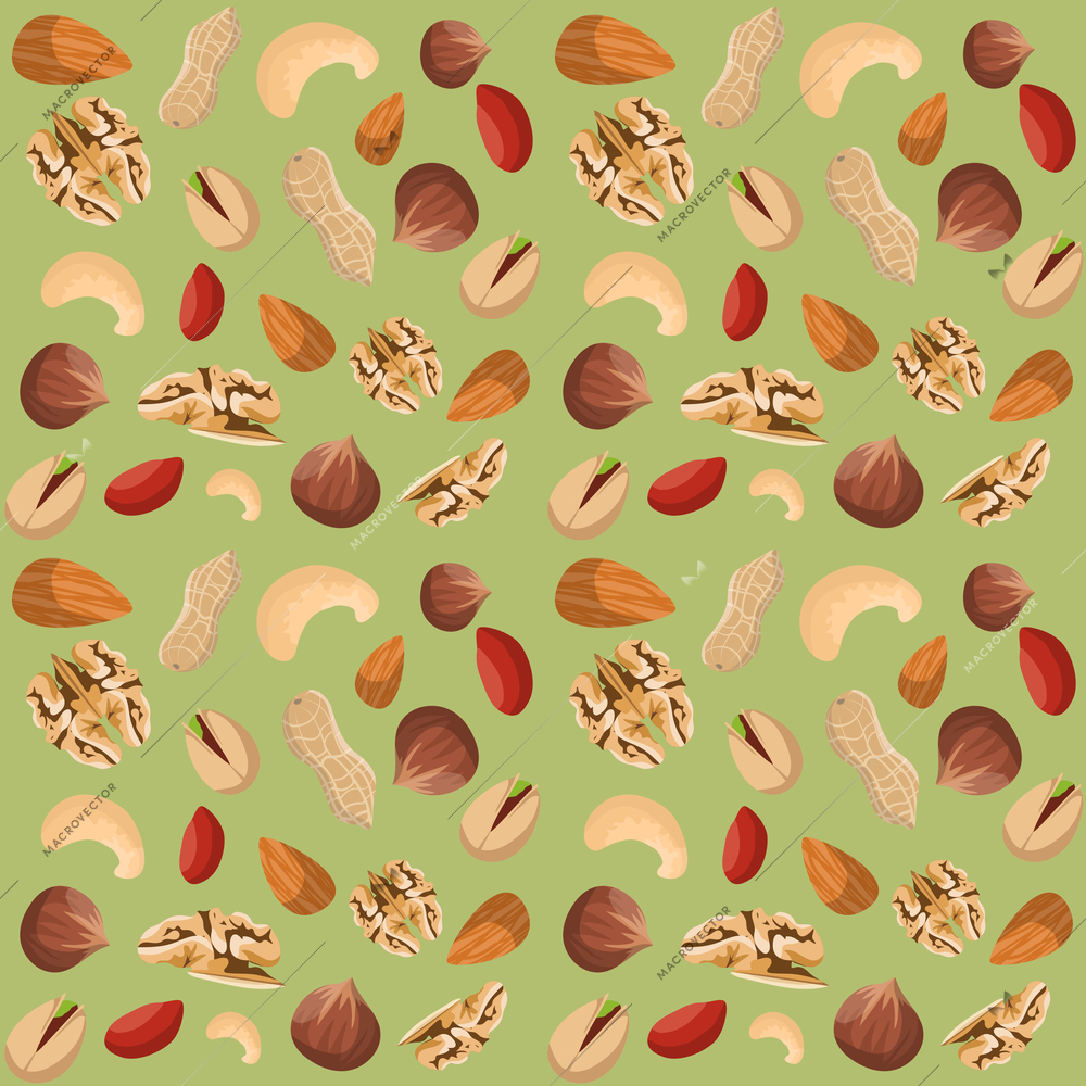 Nut mix seamless pattern of dried peanut walnut hazelnut pistachio vector illustration