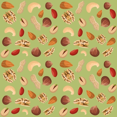 Nut mix seamless pattern of dried peanut walnut hazelnut pistachio vector illustration