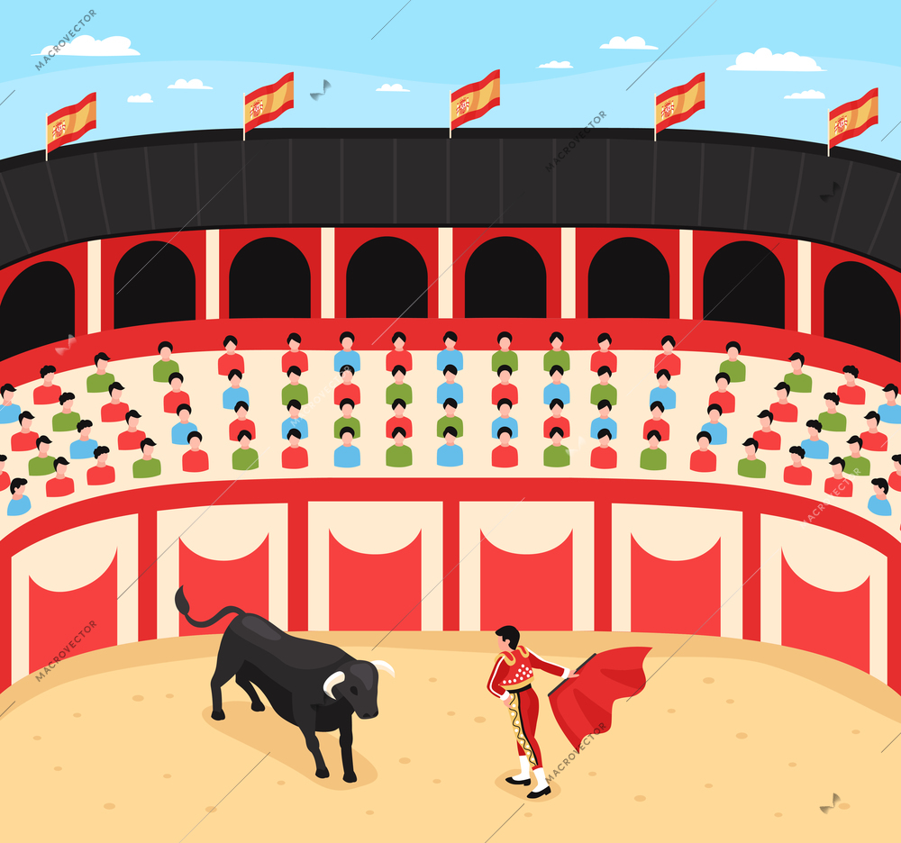 Isometric bullfight composition with outdoor view of stadium stands audience and field with toreador fighting bull vector illustration