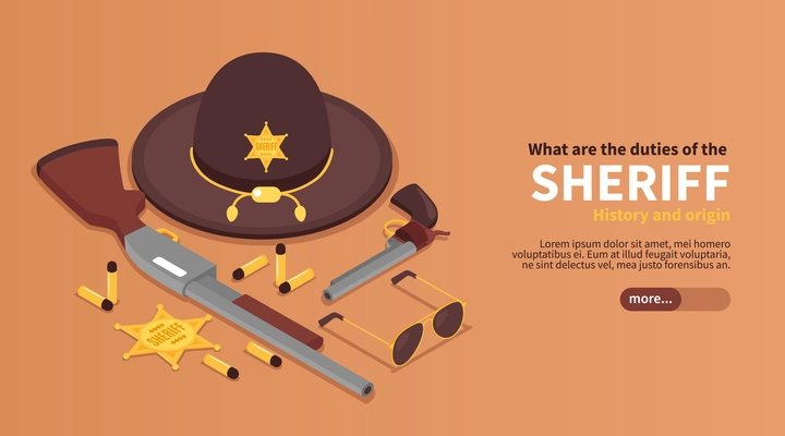 Isometric sheriff horizontal banner with editable text slider button and elements of marshals items and uniform vector illustration