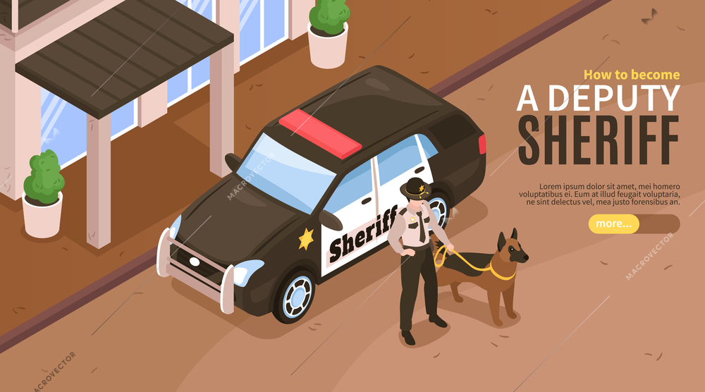 Isometric sheriff banner with outdoor horizontal composition of police car marshal with dog text and button vector illustration