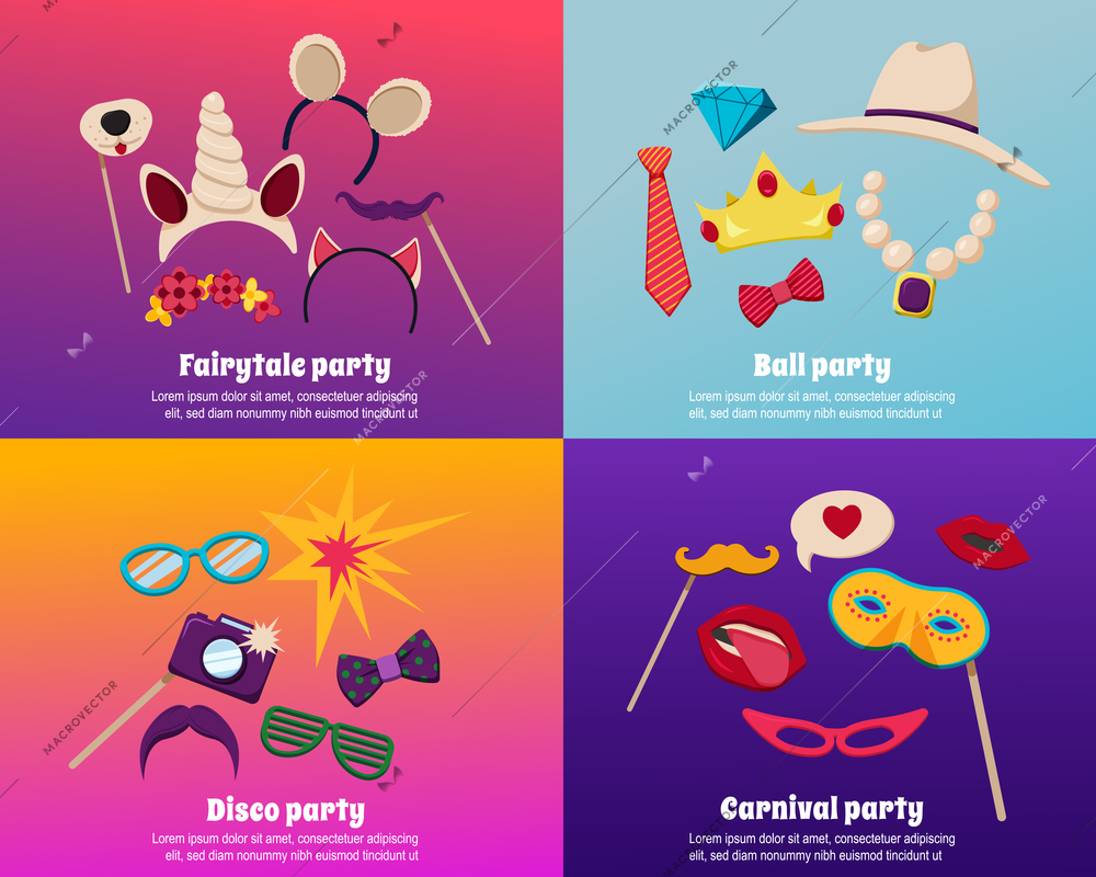 Photo booth party concept icons set with disco symbols flat isolated vector illustration