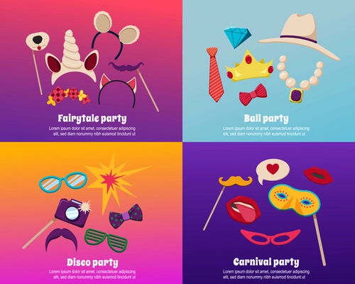 Photo booth party concept icons set with disco symbols flat isolated vector illustration