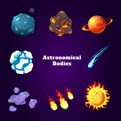 Astronomical bodies cartoon game set of solar system planets comets and asteroids isolated on dark background vector illustration