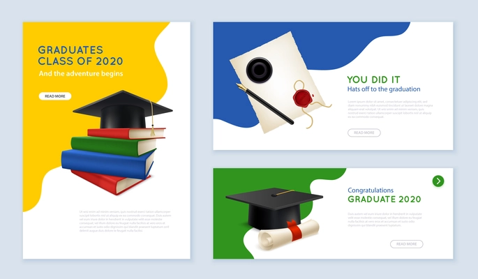 Set of horizontal banners with realistic graduate cap books ink pot paper isolated vector illustration