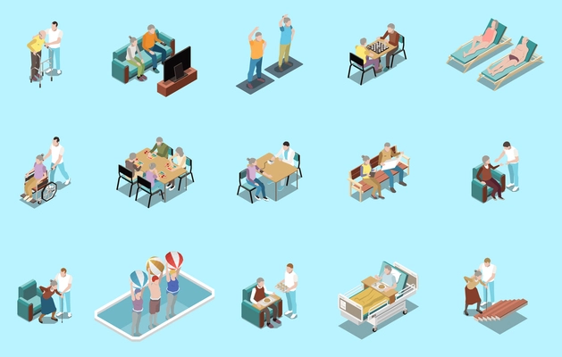 Nursing home isometric set with elderly people  at leisure medical care and routine life isolated vector illustration