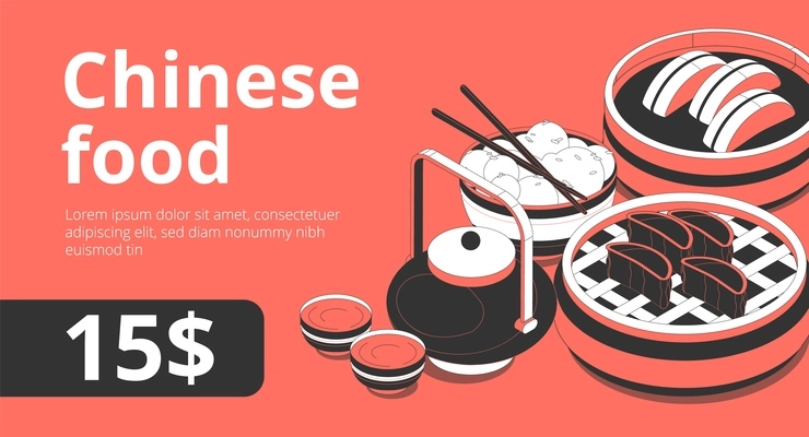 Chinese traditional food online isometric advertising banner with tea ceremony kettle sushi rolls steamed dumplings vector illustration