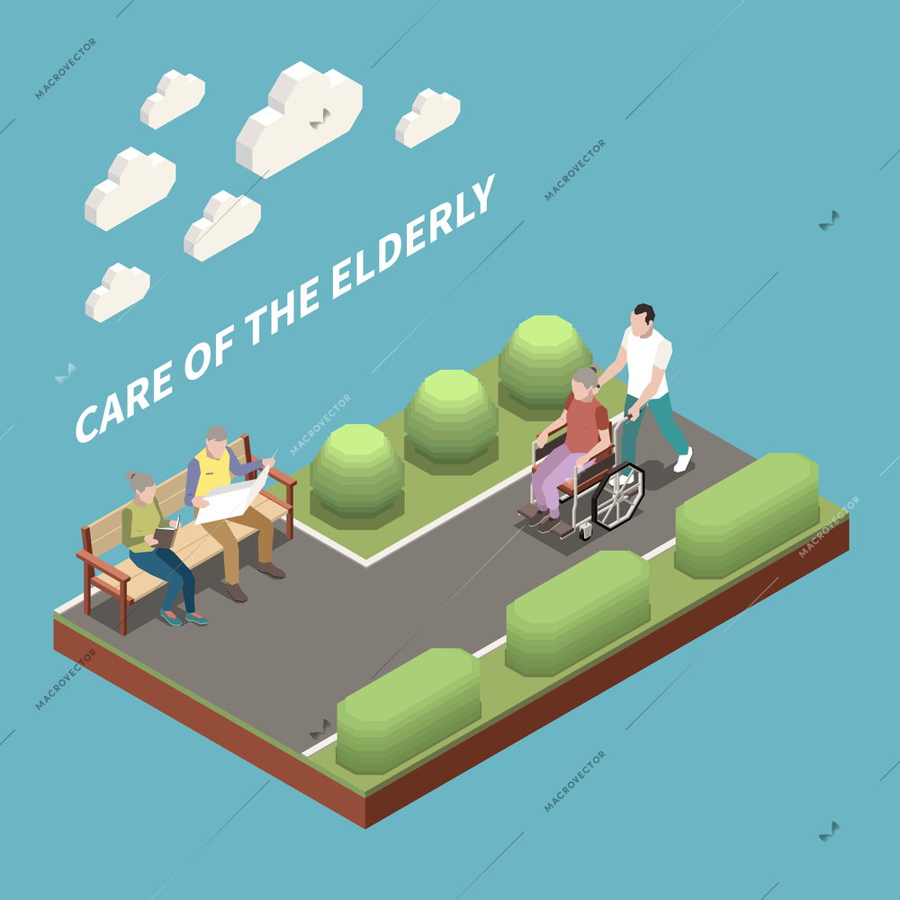 Care of elderly isometric background with people reading newspaper   and assistant carrying wheelchair with disabled person vector illustration