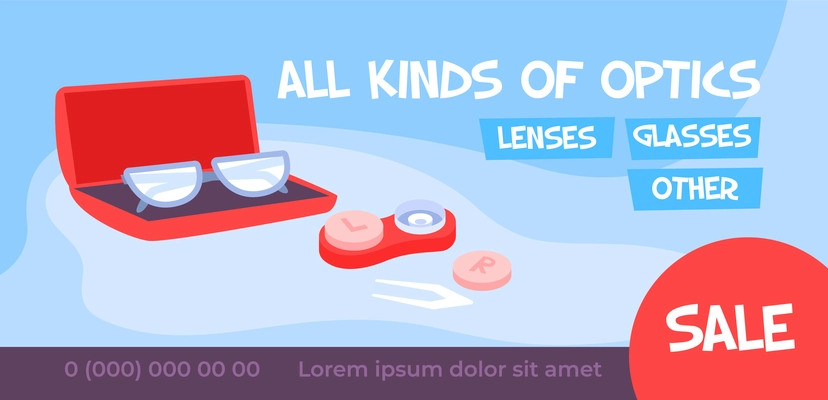 Ophthalmology banner flat composition with images of glasses and contact lenses on sale with editable text vector illustration
