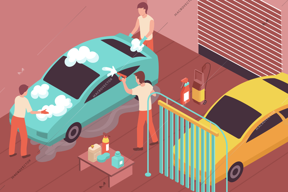 Isometric background with three people washing car 3d vector illustration