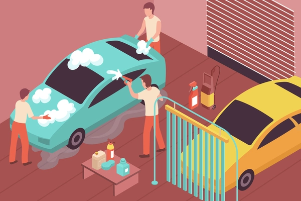 Isometric background with three people washing car 3d vector illustration