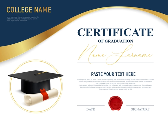 Realistic academic certificate of graduation template with text field vector illustration