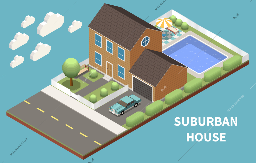 Suburban house isometric design concept with pool and garage on land allotment vector illustration