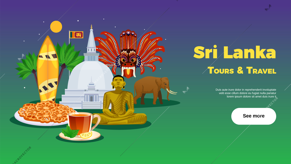 Sri lanka tours travel agency landing page horizontal colorful background banner with mask food temple vector illustration