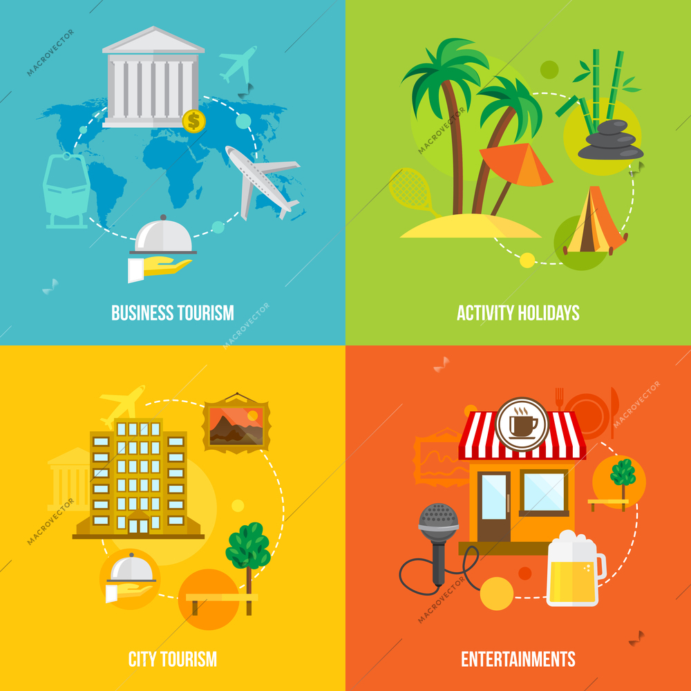 Building tourism icons flat set of business activity holidays city entertainments isolated vector illustration