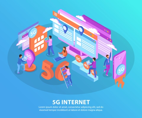 5g internet and electronic gadgets isometric elements on blue background 3d vector illustration