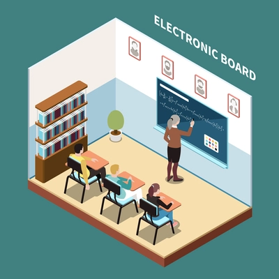 People and interfaces isometric background with teacher using electronic board in classroom to study new material vector illustration