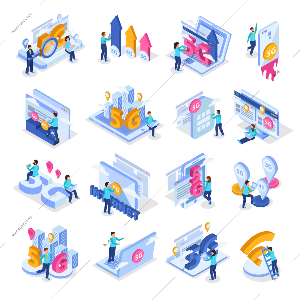 People using electronic devices and surfing 5g internet isometric icons set isolated on white background 3d vector illustration