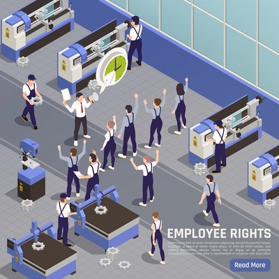 Trade union member encourages industrial manufacturing employees to vote for working time regulations change isometric composition vector illustration