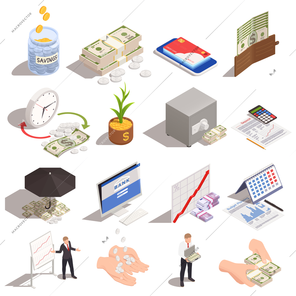 Set with isolated wealth management isometric icons and images of money and people on blank background vector illustration