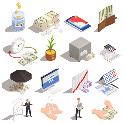 Set with isolated wealth management isometric icons and images of money and people on blank background vector illustration