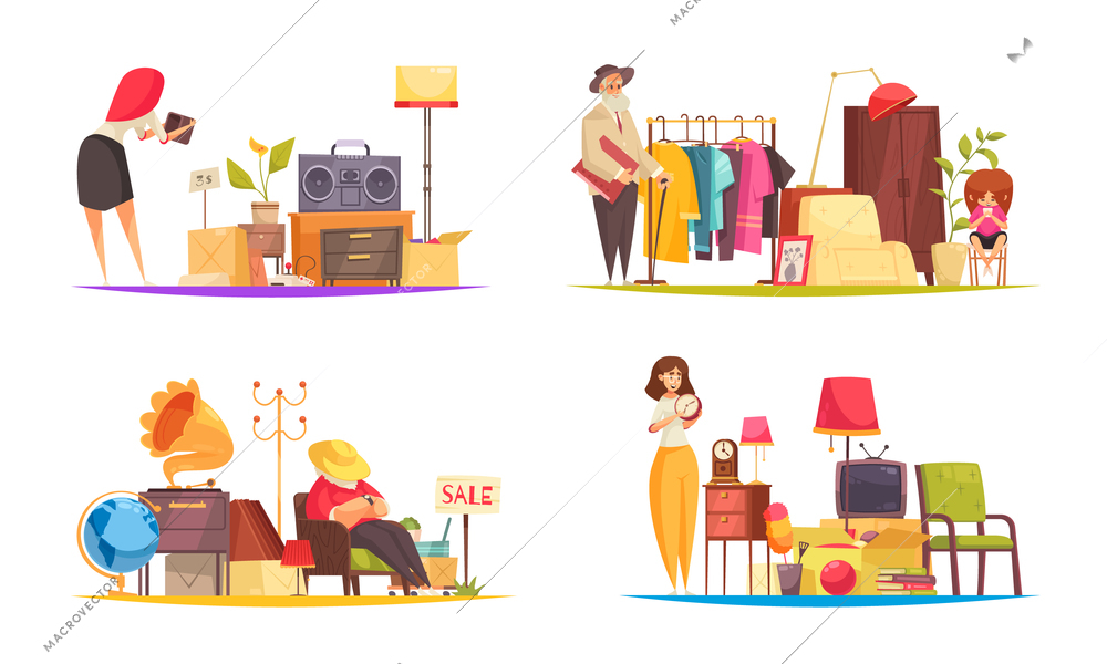 Garage sale concept icons set with clothes and staff flat isolated vector illustration