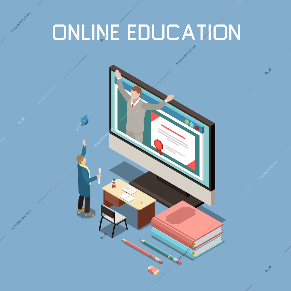 Online education isometric composition with lector presenting diploma and square academic cap from monitor screen vector illustration