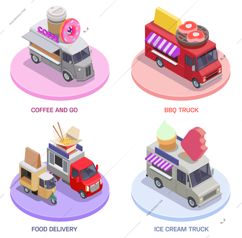 Food truck isometric set of four round platforms with street fastfood stalls and editable text captions vector illustration