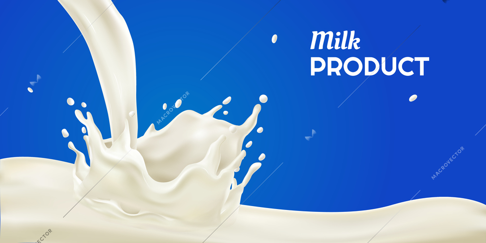 Milk product splash realistic background on blue background vector illustration