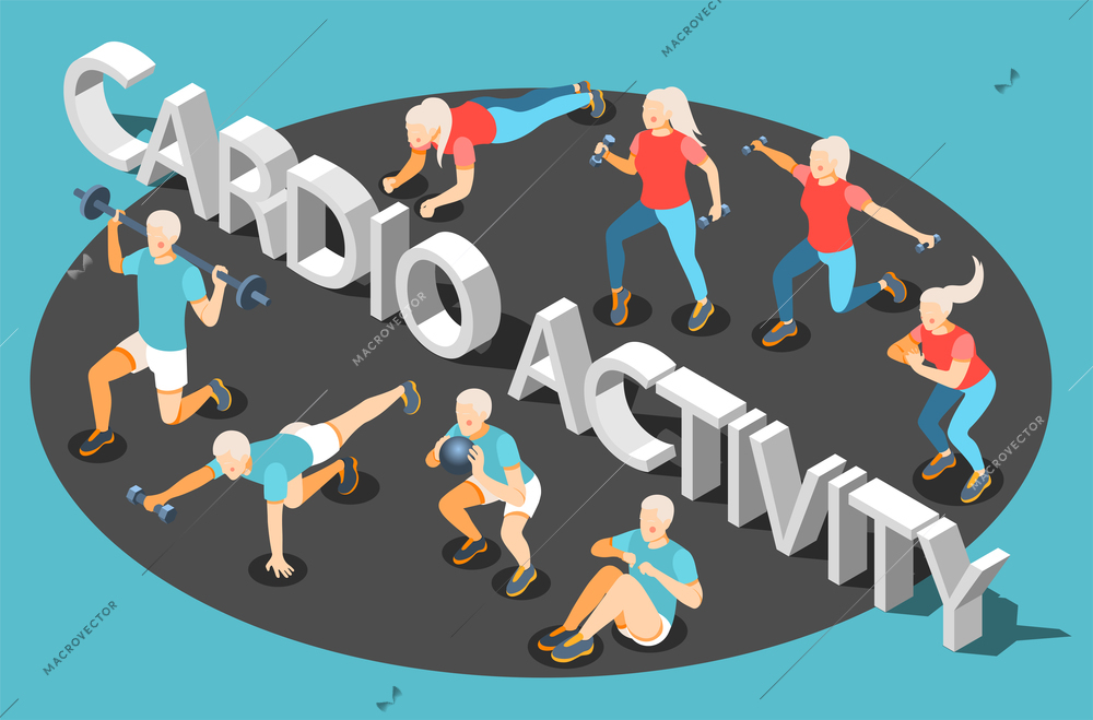 Cardio activity isometric round background composition with barbell hand weights ball press push ups workout vector illustration