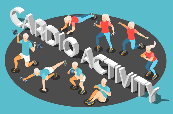 Cardio activity isometric round background composition with barbell hand weights ball press push ups workout vector illustration